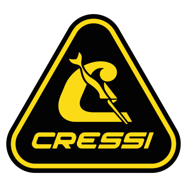 Logotipo de Cressi, un diseño triangular amarillo y negro con un símbolo de buceo.